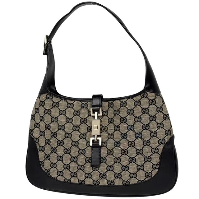 Gucci Shoulder Bag GG Pattern Jackie Line Canvas Gray Black in Black Canvas from The Reluxe