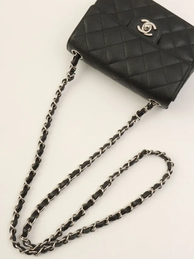 Chanel Circa 2005 Caviar Skin Classic Flap Chain Bag Mini Black in Black Caviar leather from VINTAGE QOO TOKYO, photo 11 of 14