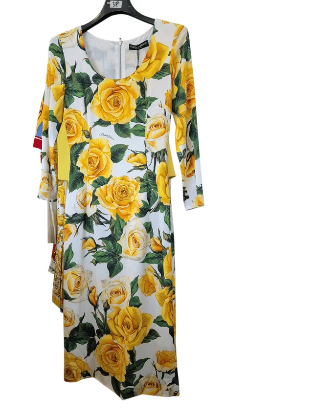 Dolce & Gabbana Dress Long Sleeve Yellow Roses Logo in Yellow from Luxury Promise