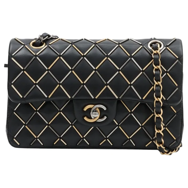 Chanel 2020s design classic flap chain bag 23cm black in Black Lambskin from VINTAGE QOO TOKYO