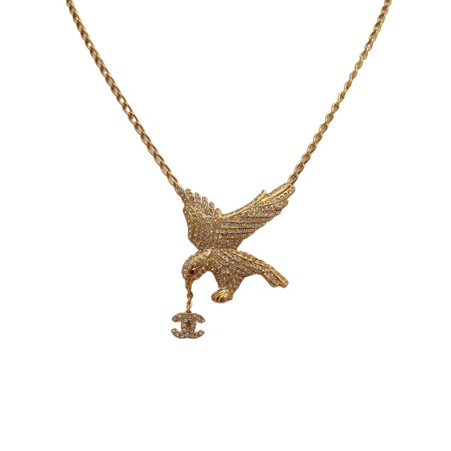 Chanel Necklace Eagle Cocomark Rhinestone Gold Accessory 01P in Gold from Luxury Promise