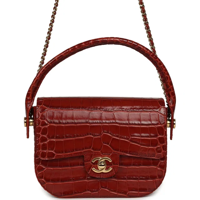 Chanel Mini Top Handle "Turn Around" Flap Bag Burgundy Croc Embossed Calfskin Gold Hardware in Burgundy Calfskin from Madison Avenue Couture