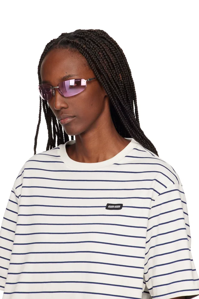 Miu Miu Eyewear Pink Rimless Metal Oval Sunglasses, photo 4 of 4 from SSENSE