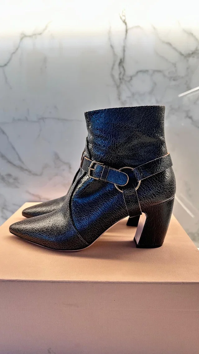 Miu Miu Eabno Leather Buckle Detail Ankle Boots in Leather from HEWI
