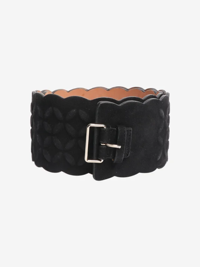 Alaïa Black suede textured wide belt in Black Suede from Sign of the Times