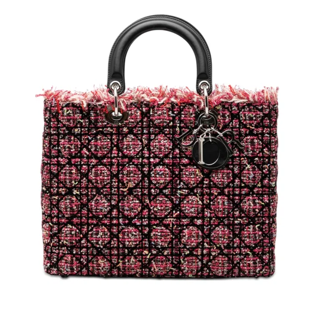Pink Dior Large Tweed Cannage Fringe Lady Dior Satchel in Pink Tweed from Designer Revival