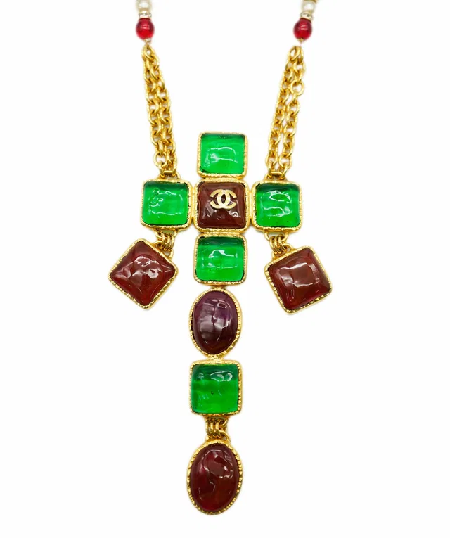 Chanel Red Green Gripoix Cross Necklace in Red from Luxury Promise