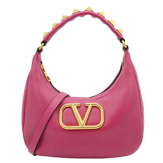 Valentino Garavani VLogo Stud Leather Hobo Bag Rose Pink in Pink Leather from Dallas Designer Handbags