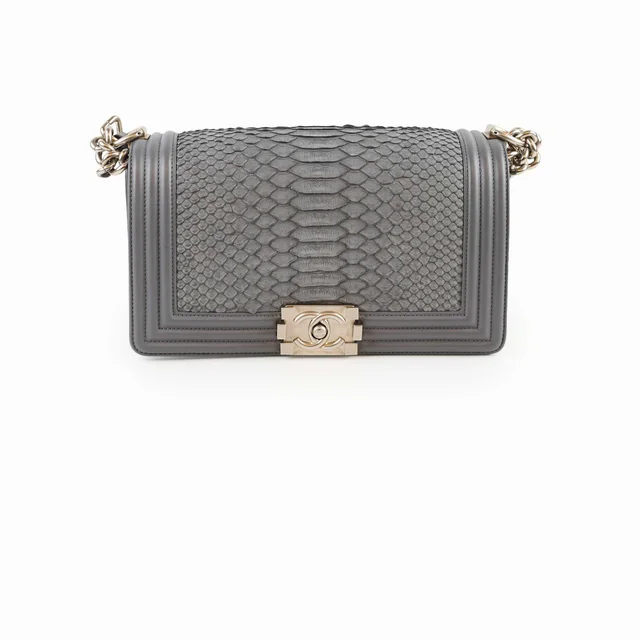 Chanel Boy Old Medium Grey Python (20 Series) in Grey Python from The Purse Affair
