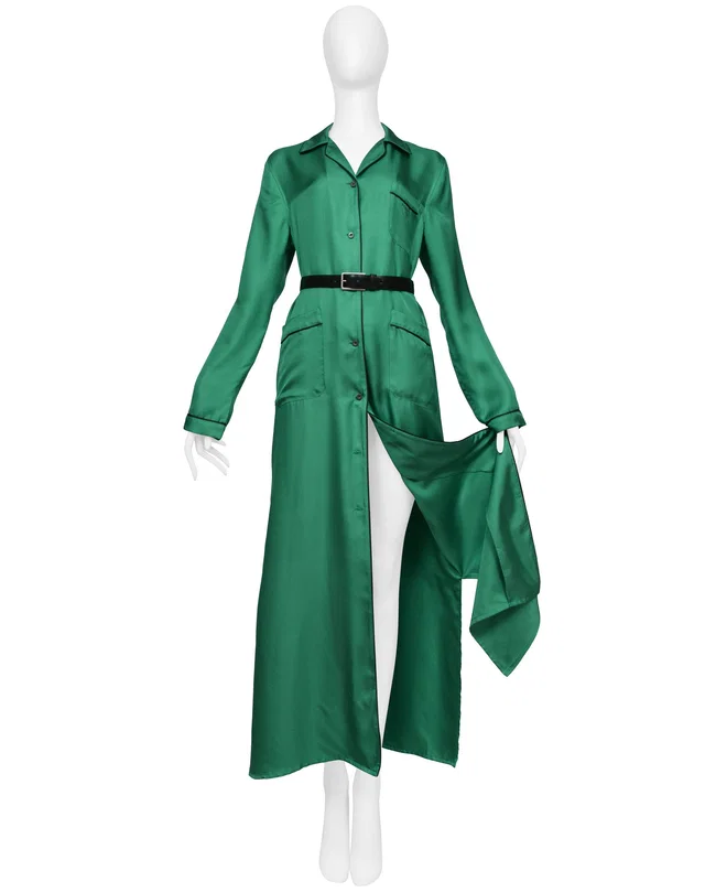 Prada Green Silk Robe Dress With Black Piping And Black Belt in Black Silk from Resurrection Vintage