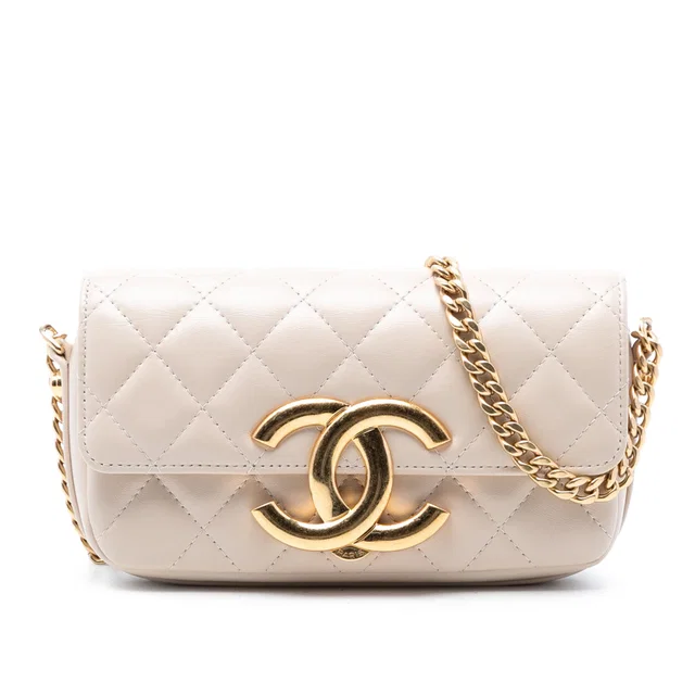 Beige Chanel Quilted Lambskin Giant CC Flap Phone Holder with Chain Crossbody Bag in Beige Lambskin from Designer Revival