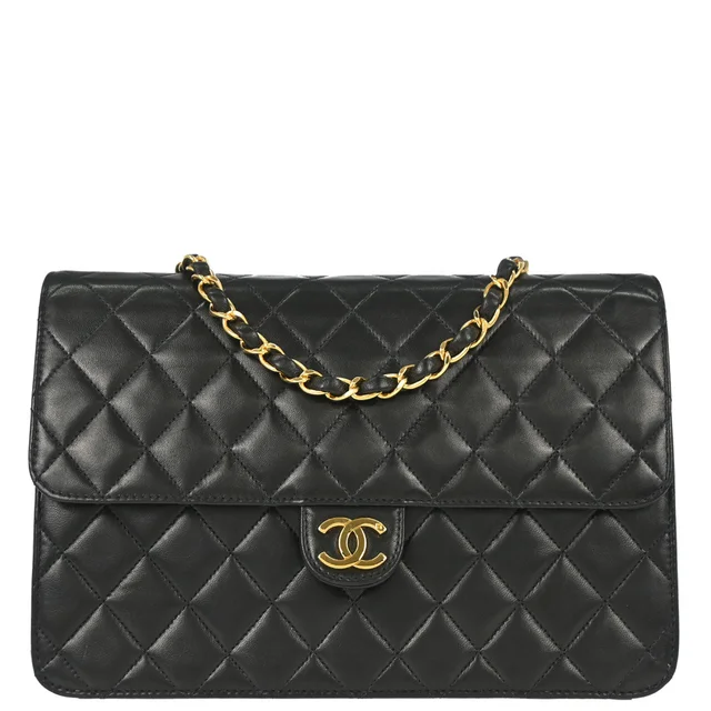 Chanel 1997-1999 Black Lambskin Pushlock Medium Half Flap Shoulder Bag in Black Lambskin from AMORE Vintage Tokyo