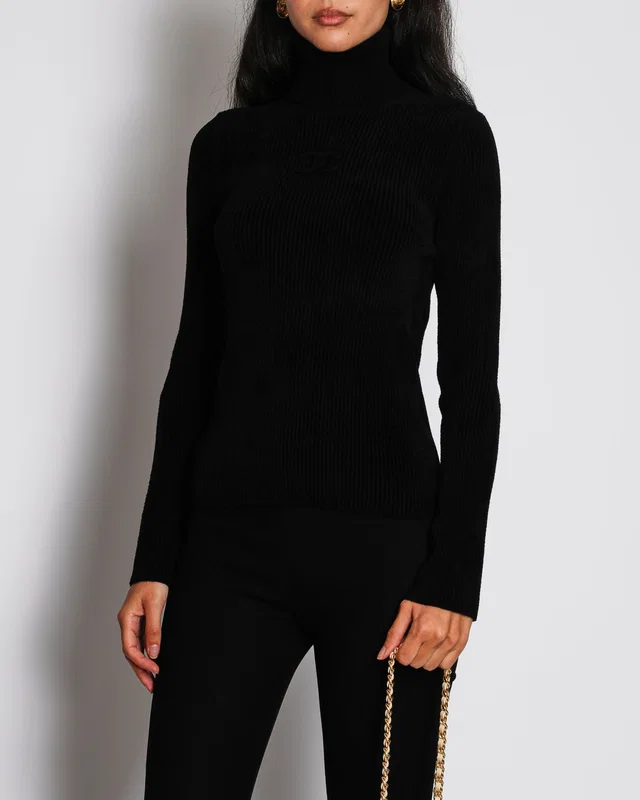 Chanel 19/A Black Ribbed High Neck Long Sleeve Jumper with CC Logo Detail Size FR 38 (UK 10) in Black from Sellier