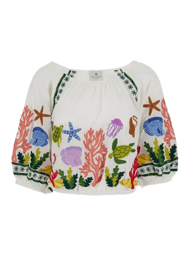 Benaras by citrus Multicolor Crop Top with All-Over Marine Motifs in Cotton Woman in Multicolor 100% Cotton from Gaudenzi Boutique, photo 1 of 1
