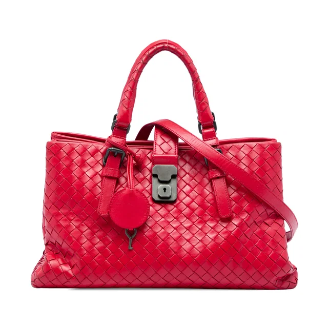 Red Bottega Veneta Small Nappa Intrecciato Roma Satchel in Red Nappa leather from Designer Revival