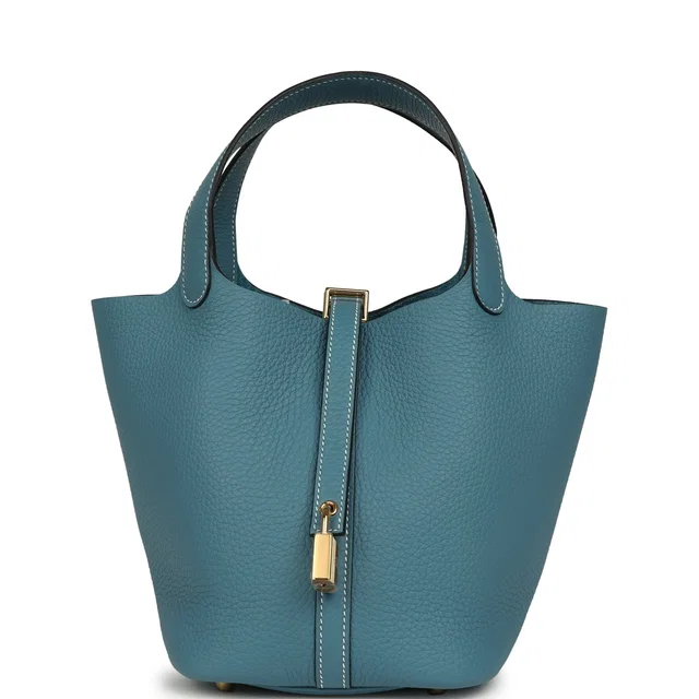 Hermès Picotin Lock 18 Blue Jean Clemence Gold Hardware in Blue Clemence leather from Madison Avenue Couture