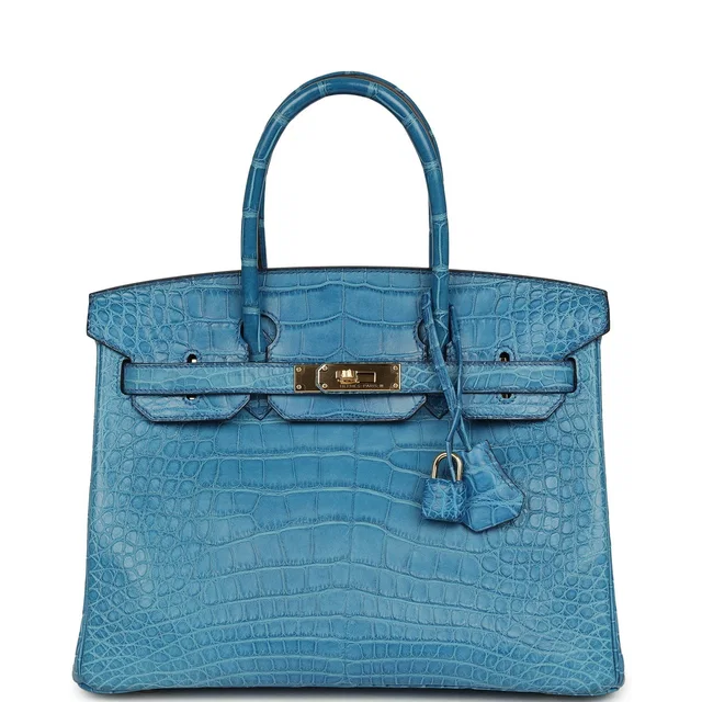 Hermès Birkin 30 Bleu Mykonos Matte Alligator Gold Hardware in Blue Crocodile from Madison Avenue Couture