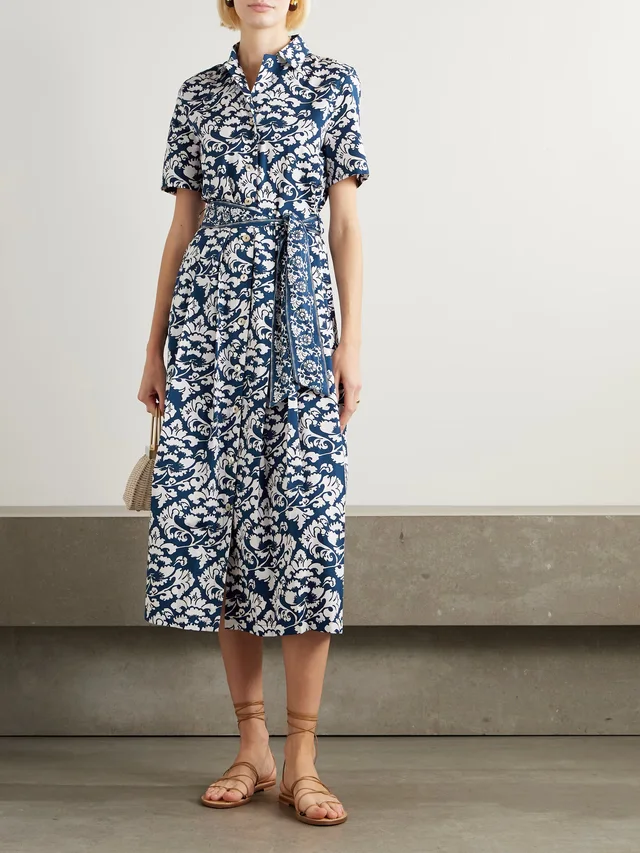 EMPORIO SIRENUSE Claudia belted pleated floral-print cotton midi dress in Blue, photo 2 of 2 from NET-A-PORTER (Canada)