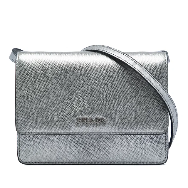 Silver Prada Saffiano Wallet on Strap Crossbody Bag in Silver Saffiano leather from Designer Revival