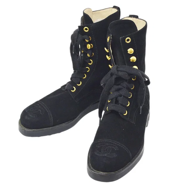 Chanel Black suede Lace-Up Boots Shoes #36 in Black Suede from AMORE Vintage Tokyo