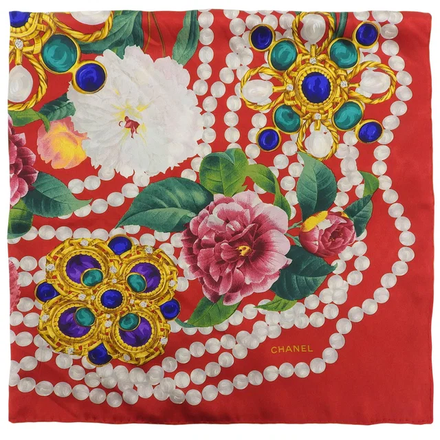 Chanel Fleur Gripoix Jewelry Pattern Scarf Red/Multi in Red Silk from VINTAGE QOO TOKYO