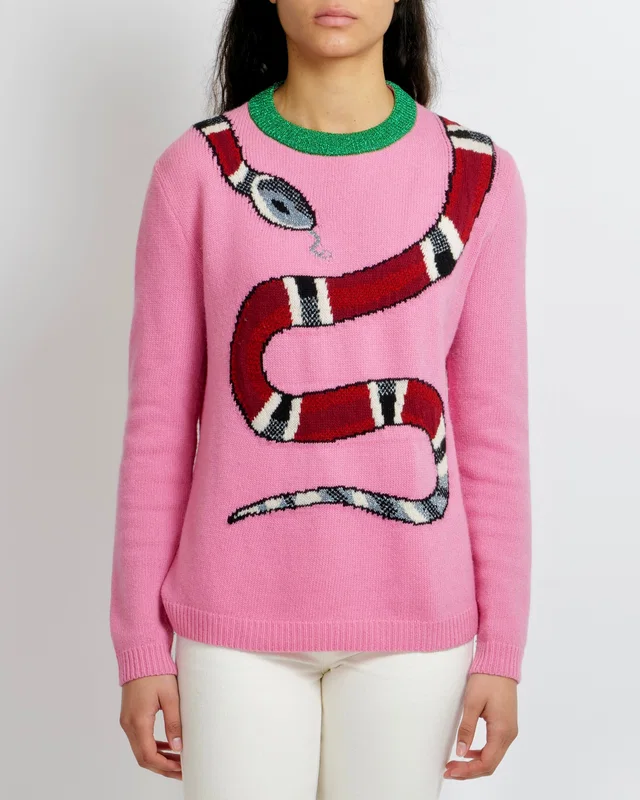 Gucci Pink Wool Jumper with Red Collar and Red Snake Detailing Size S (UK 8) in Red Wool from Sellier