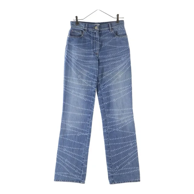 Chanel CC Logo Pearl Print Wide Leg Denim CC Leg All Over Pattern Zip Fly Long in Denim from The Reluxe