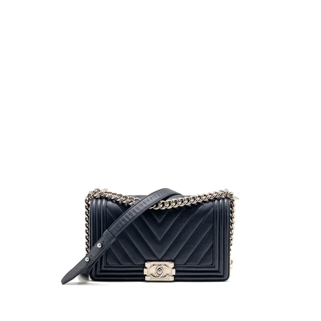 Chanel Medium Chevron Boy Bag Calfskin Blue SHW in Blue Calfskin from EMIER