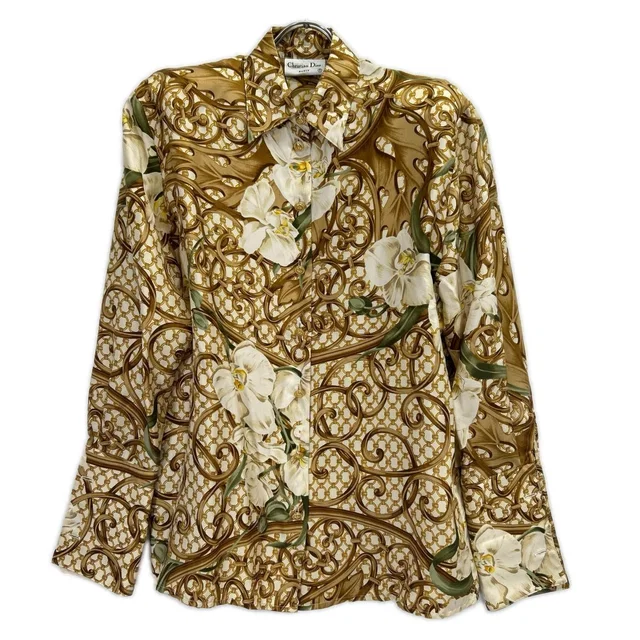 Dior 100 CD Button Botanical Design Shirt in Gold Silk from The Reluxe
