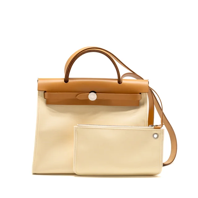 Hermès Herbag 31 Zip Bag Canvas/Hunter Leather Vanille/Naturel-Sable SHW Stamp D in Beige Canvas from EMIER