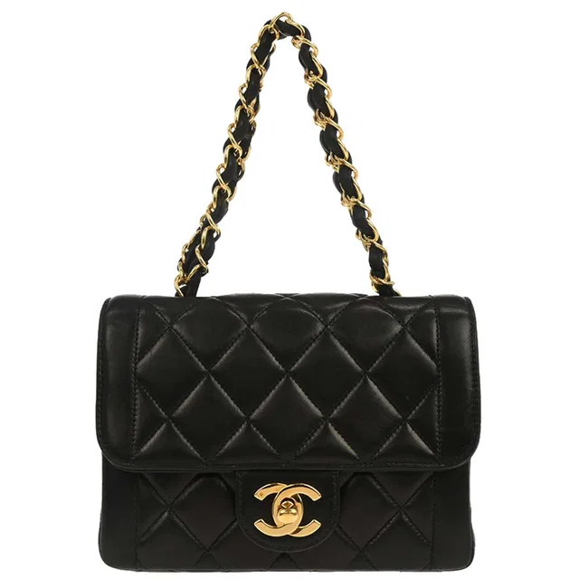 Chanel 1994-1996 Black Lambskin Mini Square Flap Handbag 17 in Black Lambskin from AMORE Vintage Tokyo