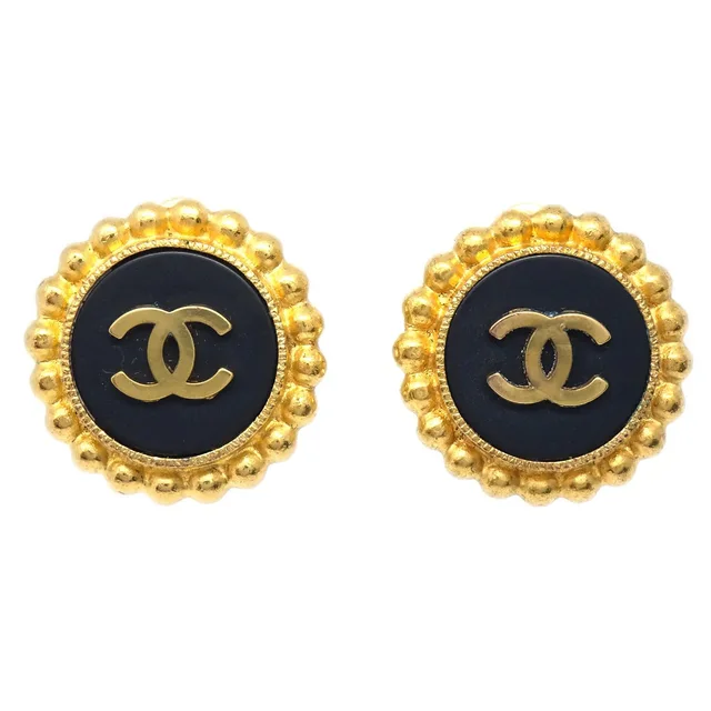 Chanel Button Earrings Gold Black Clip-On 93A in Black from AMORE Vintage Tokyo