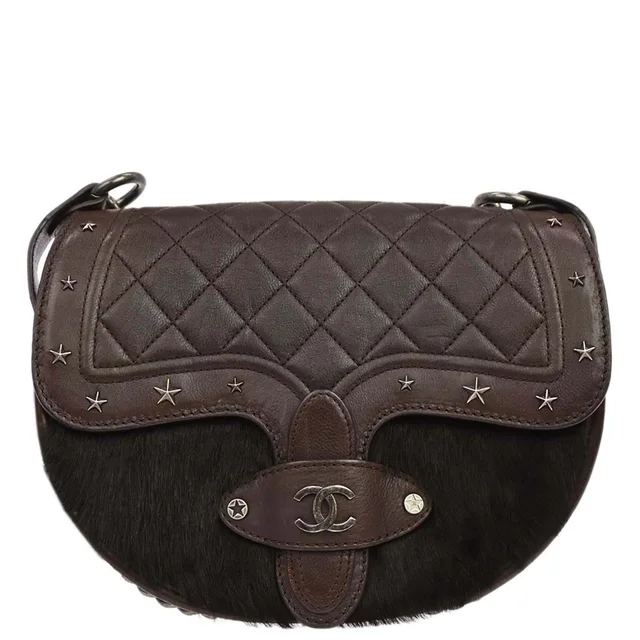 Chanel 2014 Brown Calfskin Pony Hair Paris-Dallas Saddle Shoulder Bag in Brown Calfskin from AMORE Vintage Tokyo