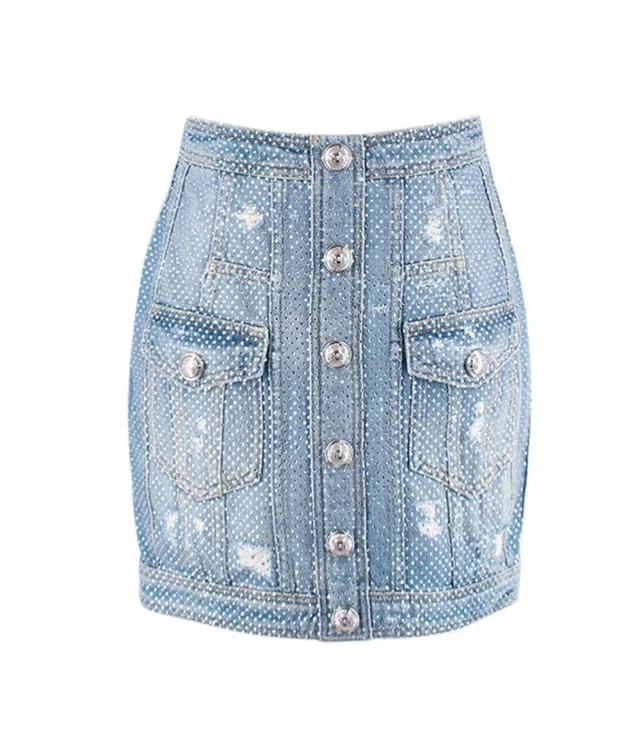 Balmain Crystal embellished denim mini skirt in Denim from HEWI