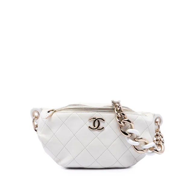 White Chanel CC Quilted Calfskin Elegant Belt Bag in White Calfskin from Designer Revival