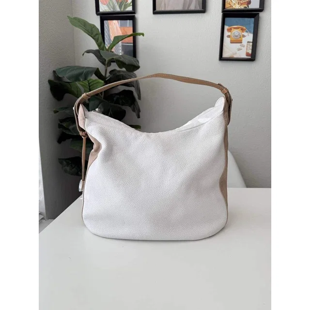 Furla Pebbled Leather Hobo Shoulder Bag White Tan Logo Charm Zip Top in brown|neutral|white Leather from Poshmark