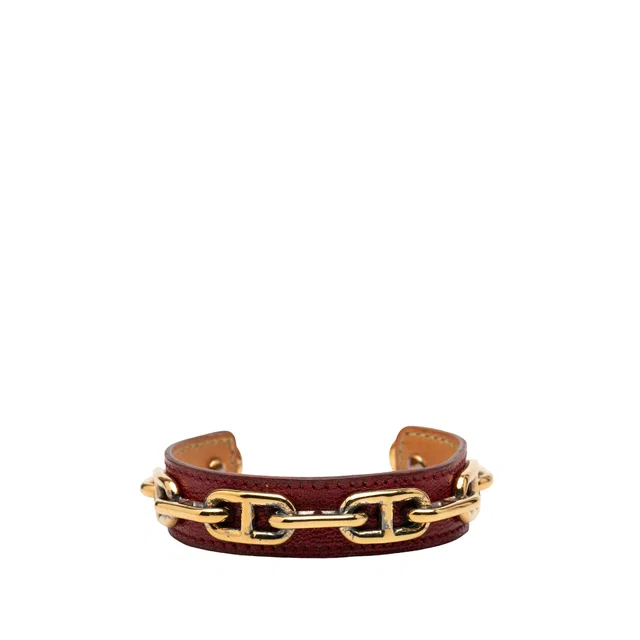 Red Hermès Leather and Gold Plated Chaine d Ancre Cuff Bracelet in Red Leather from Designer Revival