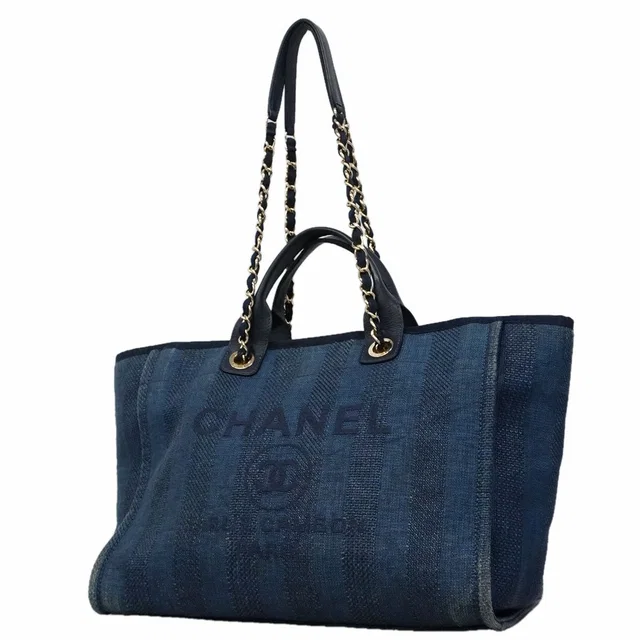 Chanel Chain Tote Bag Deauville Tweed Navy Champagne Gold 2-Way in Navy Tweed from The Reluxe
