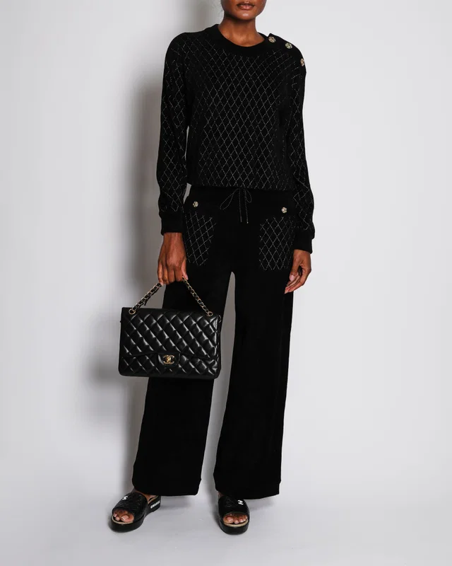 Chanel 23/A Black Wide-Leg Trousers with Quilted Pocket and CC Embellished Button Detail Size FR 38… in Black from Sellier