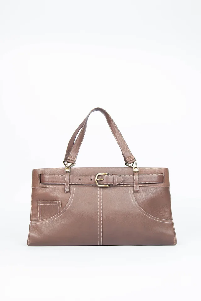 2000s Christian Dior Brown Leather Belted Tote Bag in Brown Leather from Break Archive