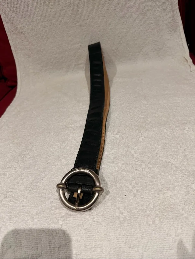 Miu Miu Black Leather Belt With Tan Edge And Round Silver Buckle 85/34 in black|neutral|brown Leather from Poshmark