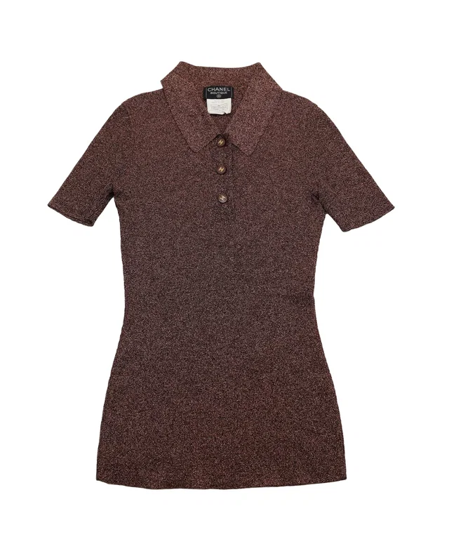 Chanel Vintage 96A CC Logo Knit Polo Shirt Top #38 Glitter Brown Rayon in Brown from Luxury Promise