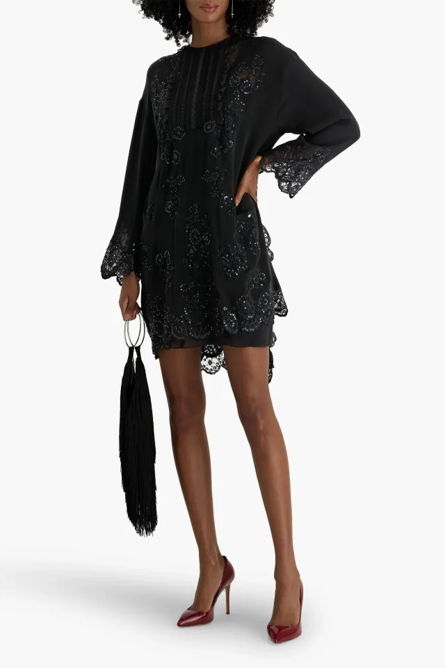 Valentino Garavani Embellished Lace-Paneled Silk-Crepe Mini Dress in Black, photo 2 of 4 from THE OUTNET