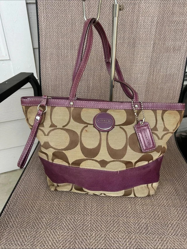 Coach F15112 Beige/Brown Signature Canvas Tote With Plum Leather Accents. in brown|red|purple Canvas from Poshmark