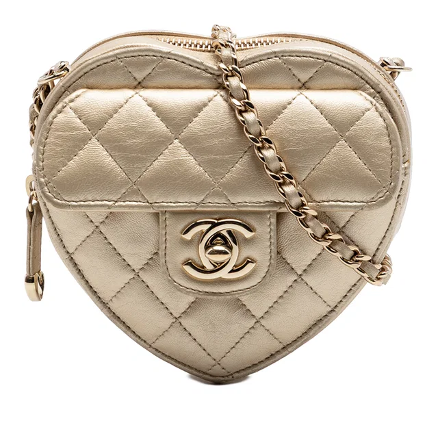 Gold Chanel Mini Metallic Lambskin CC in Love Heart Crossbody in Gold Lambskin from Designer Revival