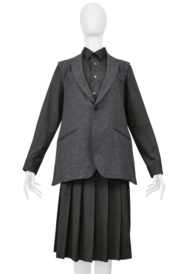 Comme des Garçons Gray Three Piece Felt Vest, With Attached Shirt, And Pleated Skirt Ensemble 2000-01 in Grey Nylon from Resurrection Vintage