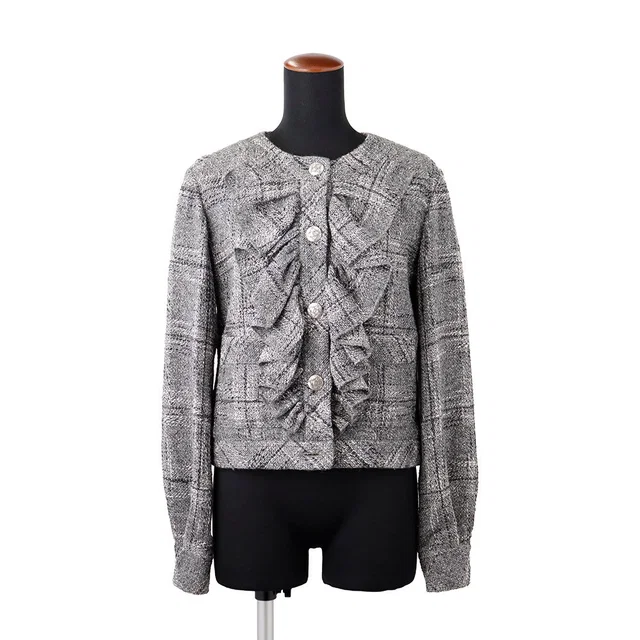 Chanel COCO Button Collarless Frill Jacket Size 34 Gray/White/BlackP60828-V46259-MF840 … Silk10 in White from GALLERY RARE