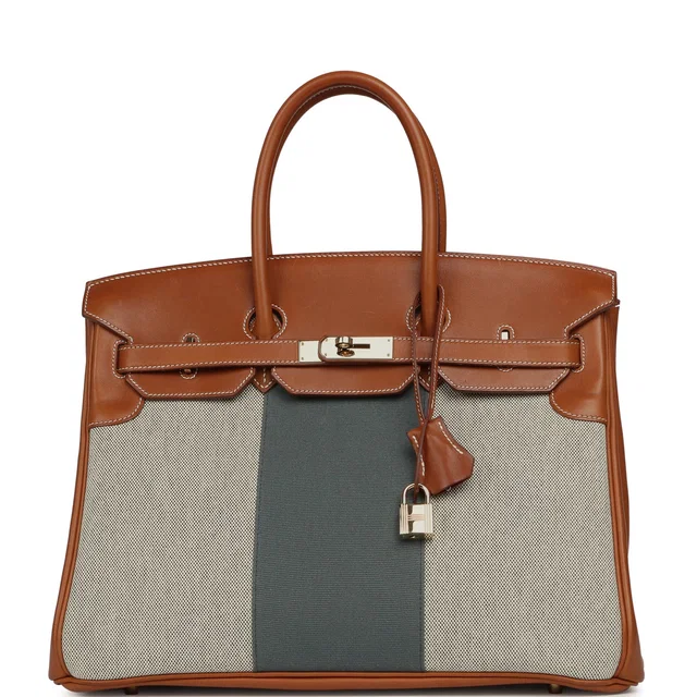 Hermès Birkin 35 Flag Fauve Barenia, Ecru-Black Toile, Bleu Orage Toile Canvas Permabrass Hardware in Black Canvas from Madison Avenue Couture