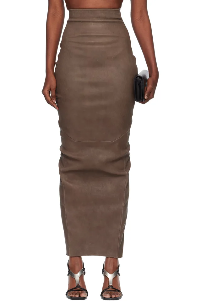 Rick Owens Gray Temple Dirt Pillar Leather Midi Skirt, image 1 of 1 from SSENSE
