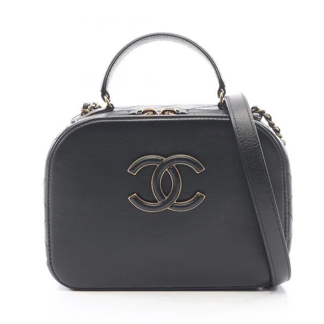 Chanel Shoulder Bag Quilted Vanity 2-Way Black Leather CC Logo Chain in Black Leather from The Reluxe